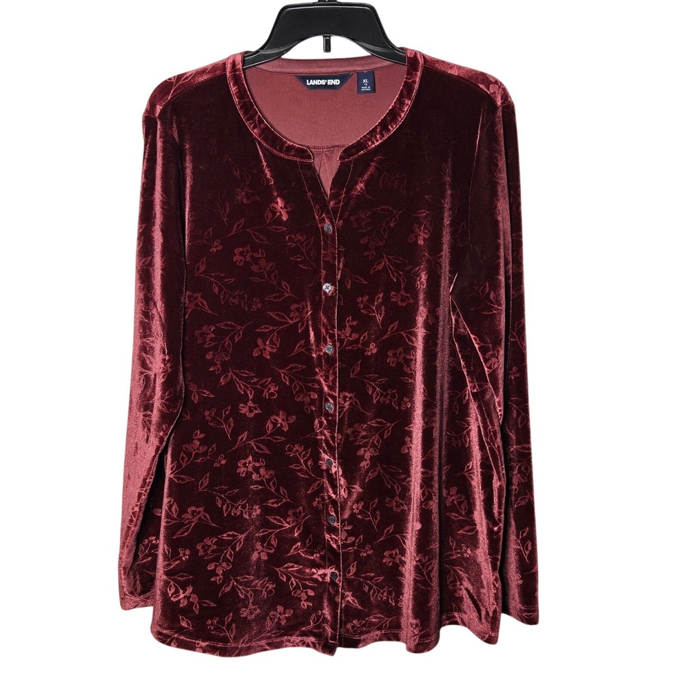 Lands End Womens Burgundy Velvet Burnout Floral Button Front Top Size XL Stretch